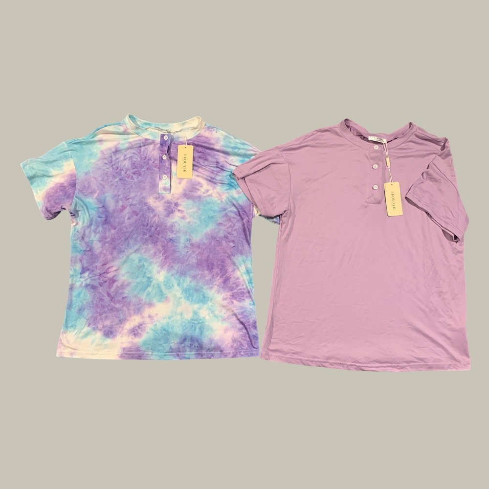Ekouaer Henley T-Shirt Women Size M 2-Pack Tie Dye Lavender Short Sleeve Casual